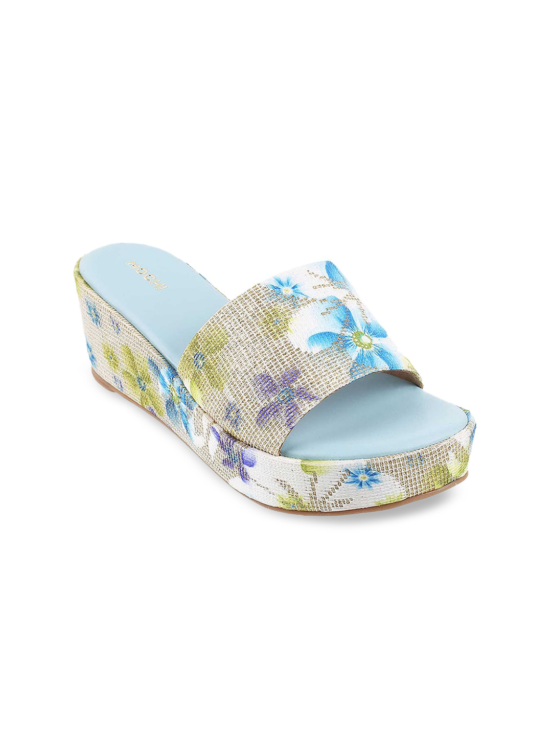 

Mochi Women Blue Floral Printed Open Toe Wedges