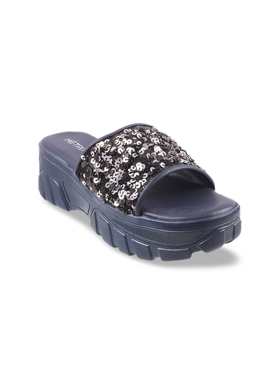 

Metro Blue Embellished Flatform Mules