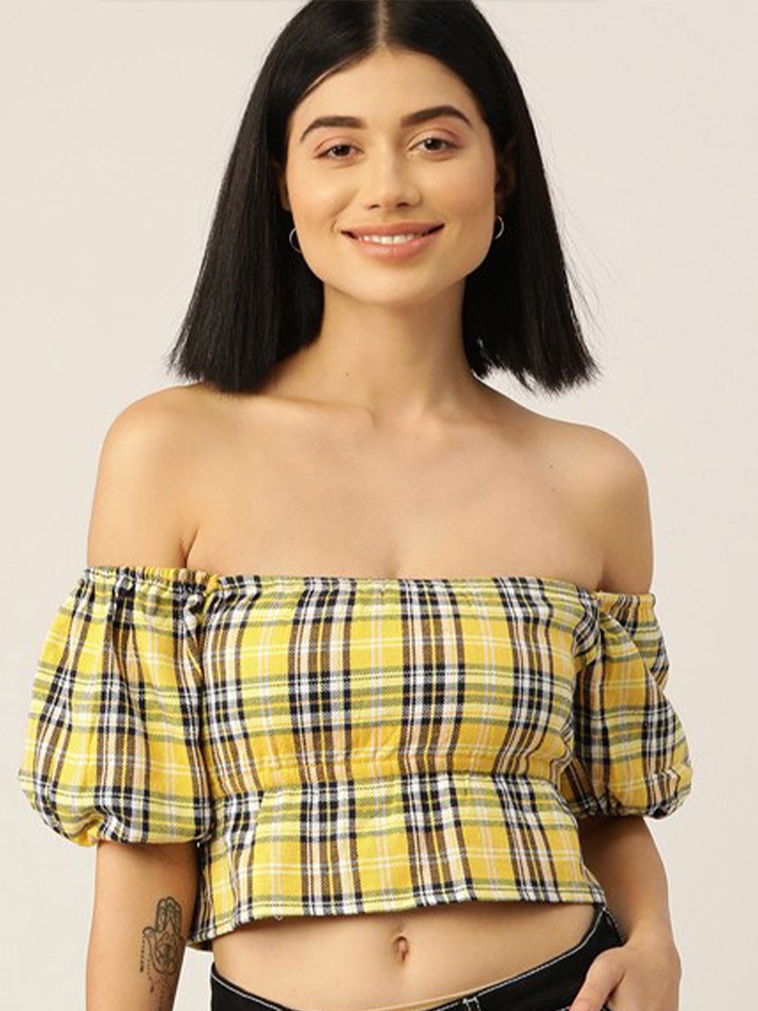 

The Dry State Yellow Checked Off-Shoulder Bardot Crop Top