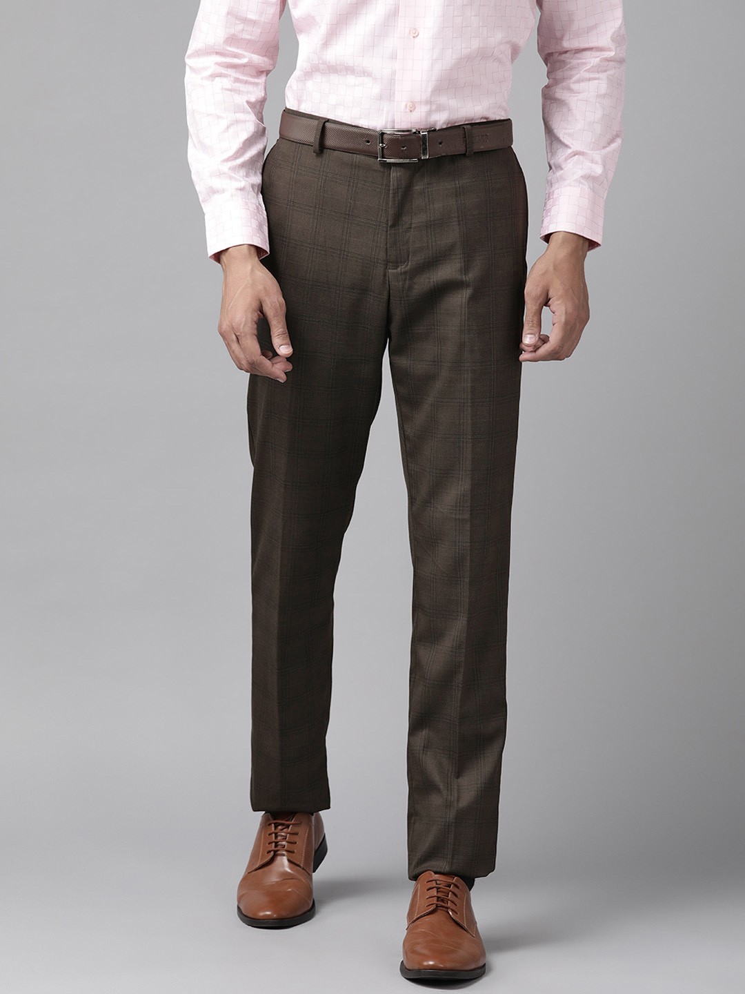 

Blackberrys Men Brown Checked B-95 Slim Fit Formal Trousers