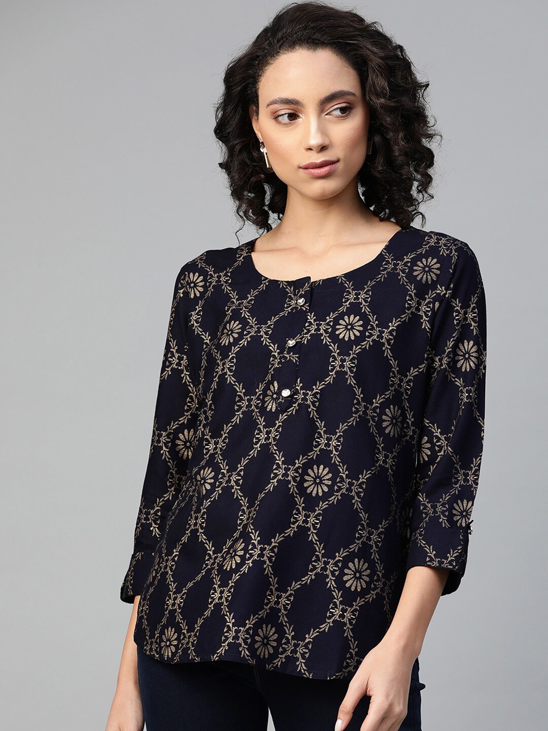 

KALINI Navy Blue Floral Print Regular Top