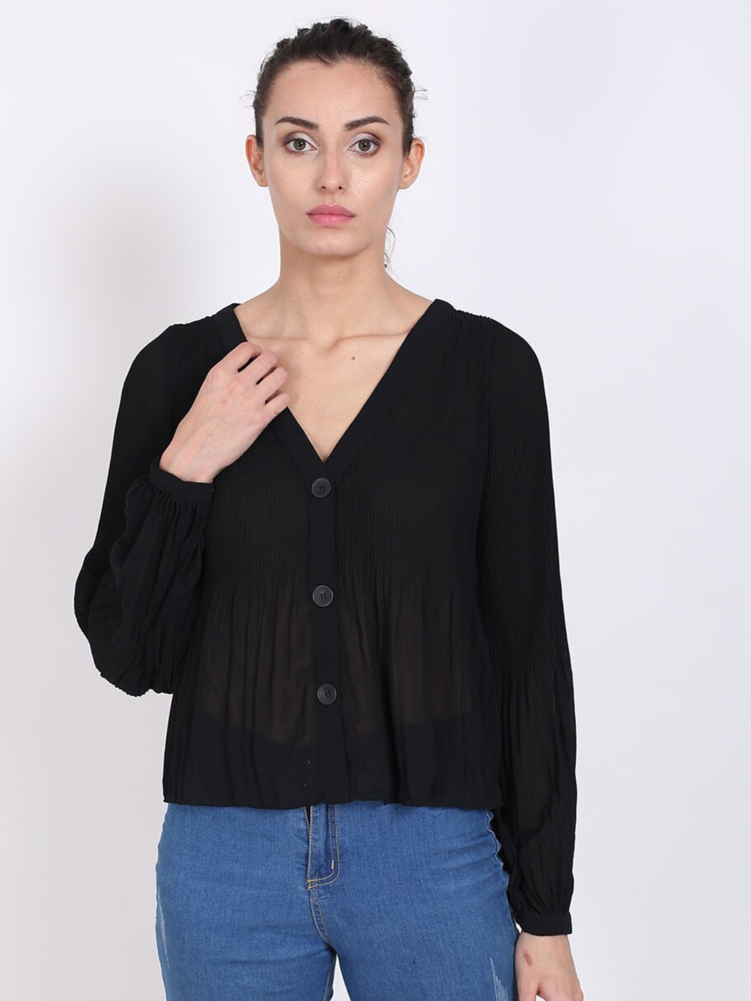 

NoBarr Black V Neck Cuff Sleeves Top