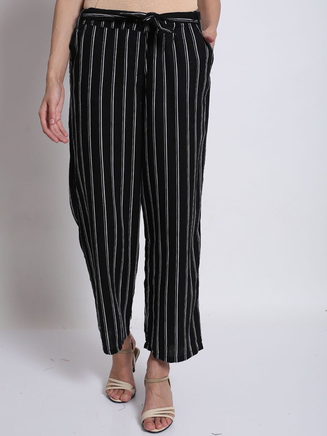 

NoBarr Women Black Striped Culottes Trousers