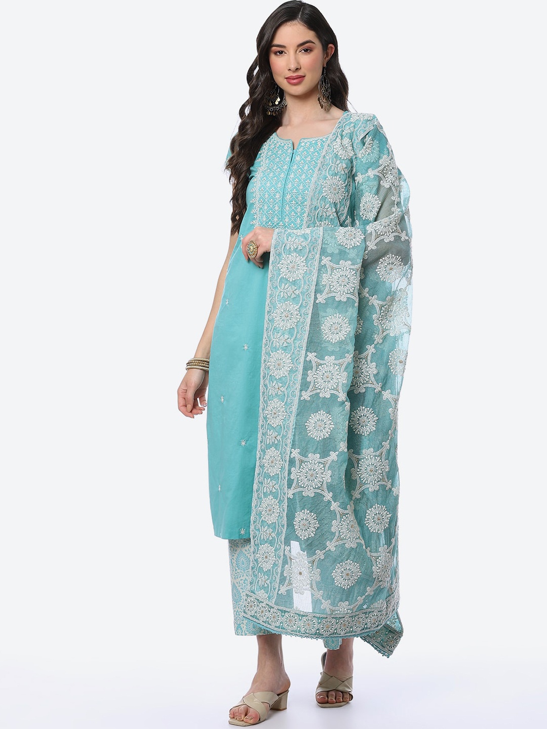 

Biba Women Sea Green Ethnic Motifs Chikankari Pure Cotton Kurta with Trousers & Dupatta