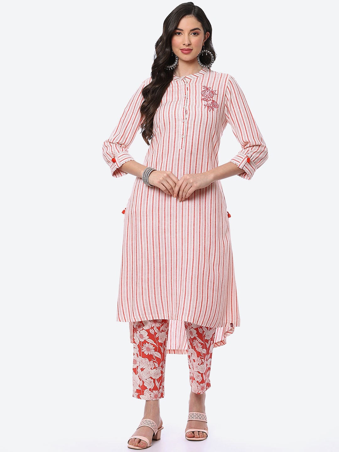 

Biba White & Red Striped Pure Cotton Kurta with Trousers