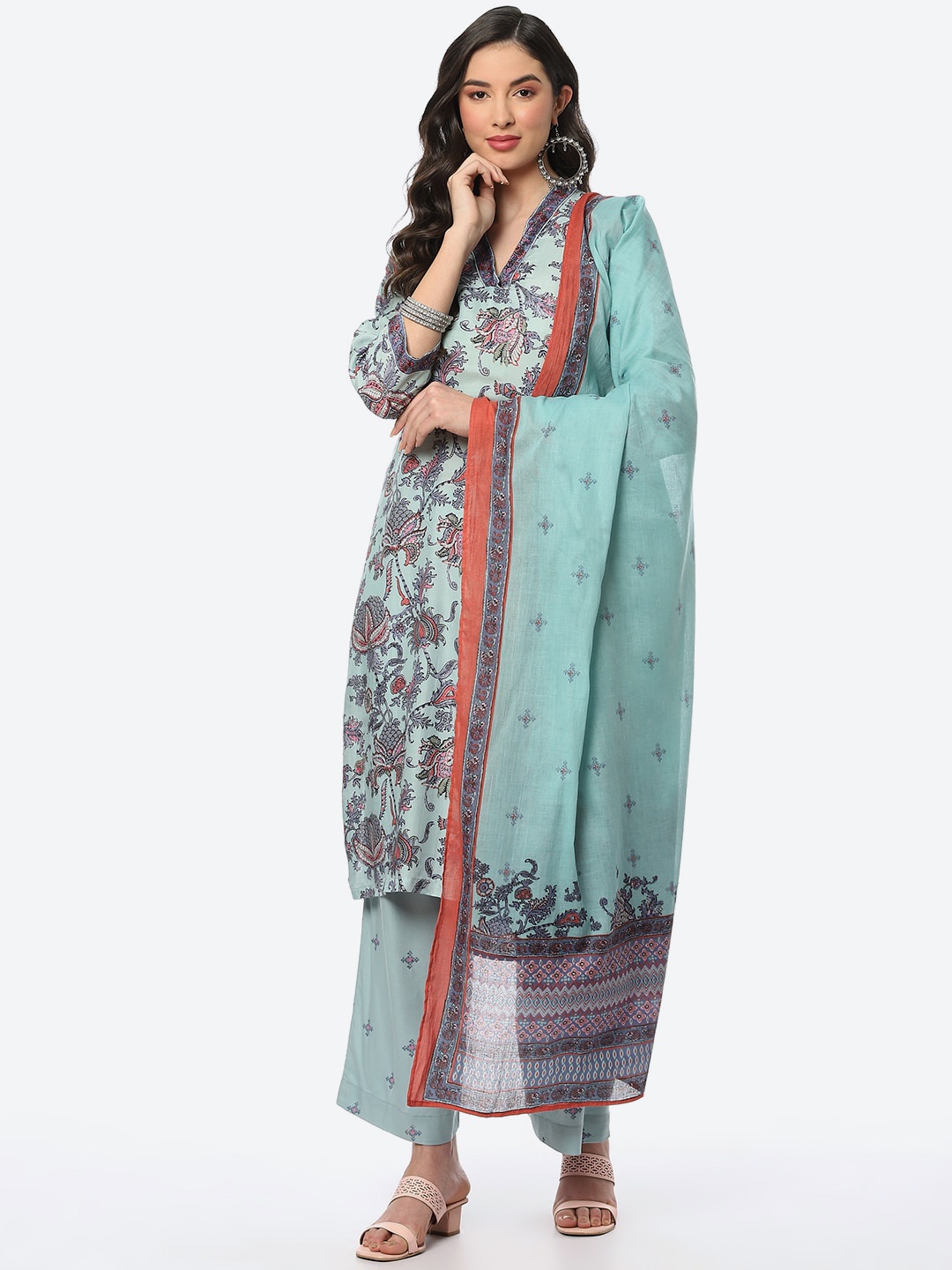 

Biba Women Sea Green Ethnic Motifs Printed Kurta with Palazzos & Dupatta