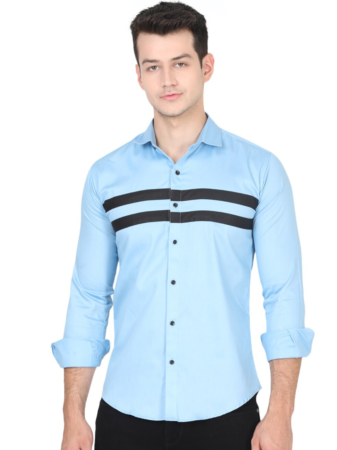 

Zombom Men Blue Horizontal Stripes Regular Fit Spread Collar Casual Shirt