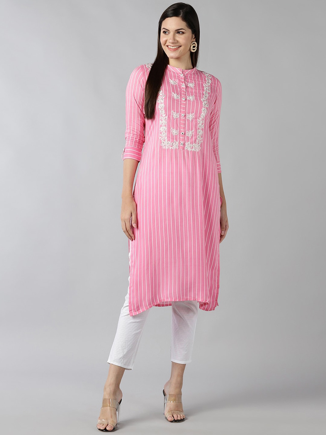 

Bani Women Pink Striped Panelled Liva Kurti with Trousers