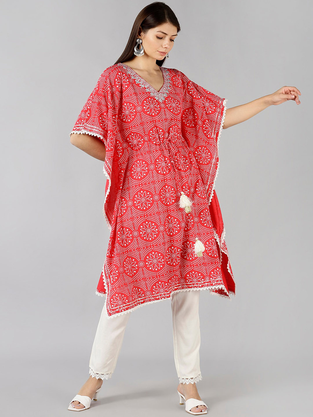 

Bani Women Maroon Bandhani Printed Embroidered Detail Liva Kurta with Trousers