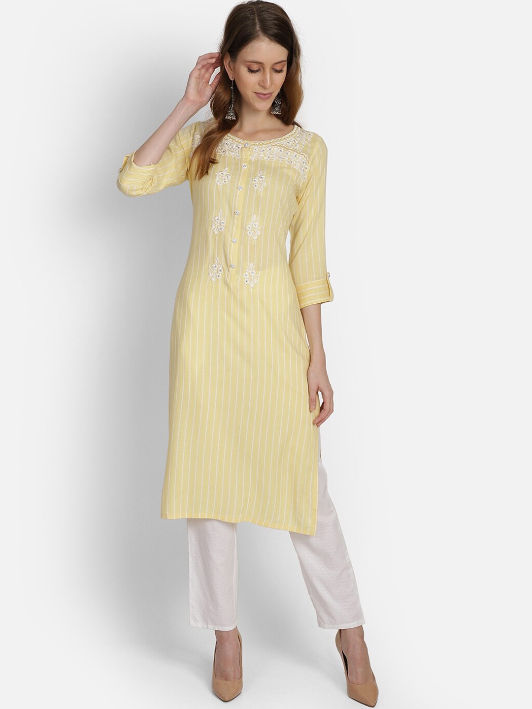 

Bani Women Yellow Yoke Design Thread Work Liva Kurta with Trousers
