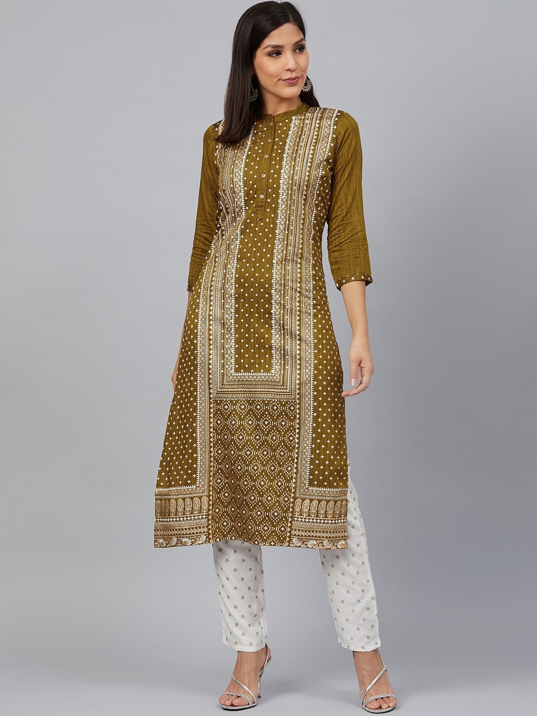 

Bani Women Mustard Yellow Ethnic Motifs Printed Liva Kurta with Trousers