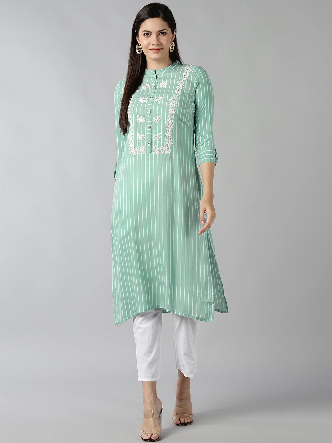 

Bani Women Green Ethnic Motifs Striped Liva Kurta with Trousers