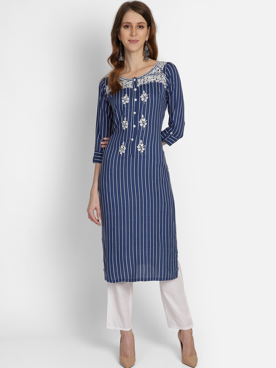 

Bani Women Blue Striped Thread Work Liva Kurta with Trousers