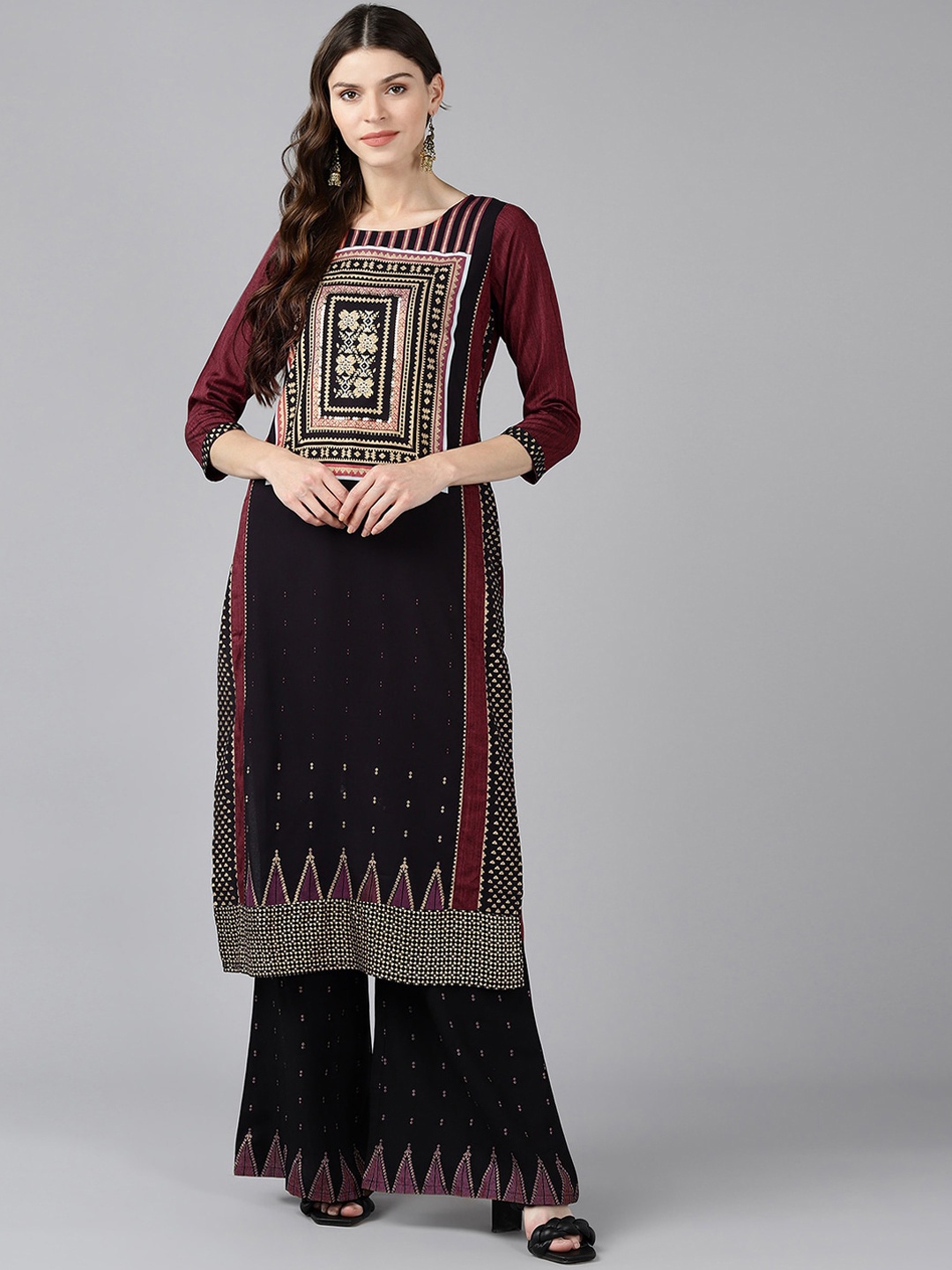 

Bani Women Red Printed Panelled Liva Kurta with Palazzos