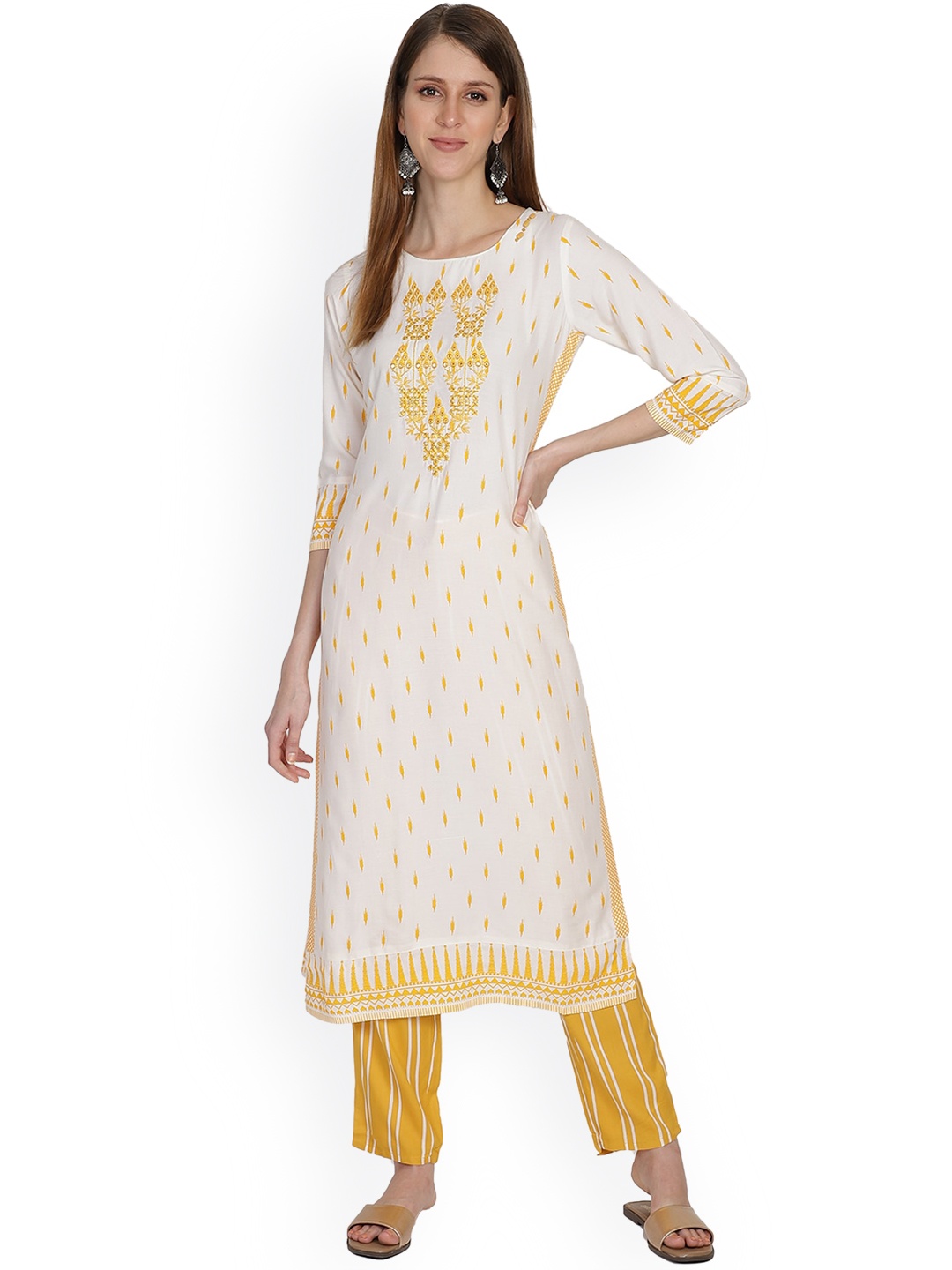 

Bani Women Yellow Ethnic Motifs Printed Liva Kurta with Trousers