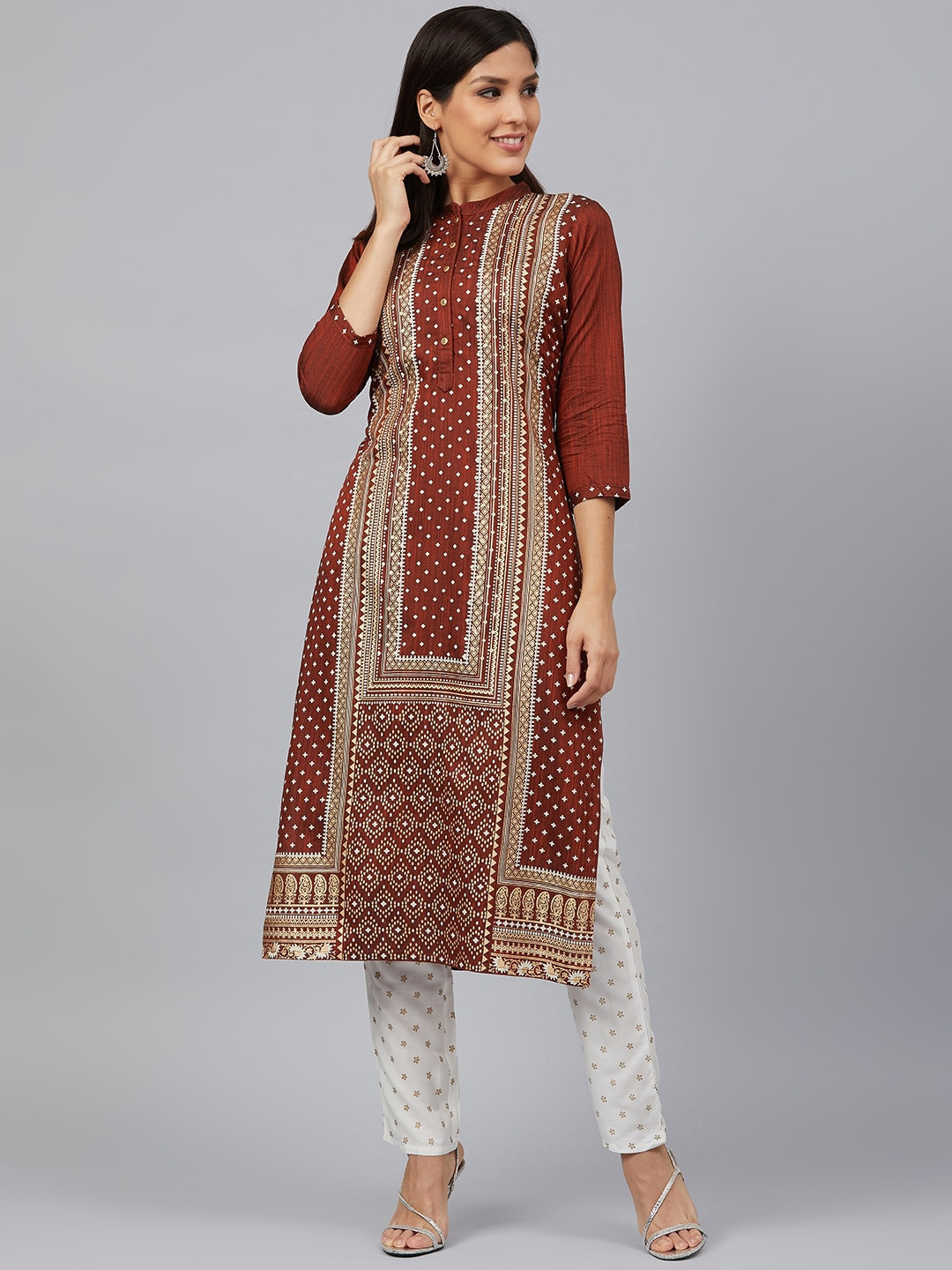 

Bani Women Rust Ethnic Motifs Printed Layered Liva Kurta with Trousers