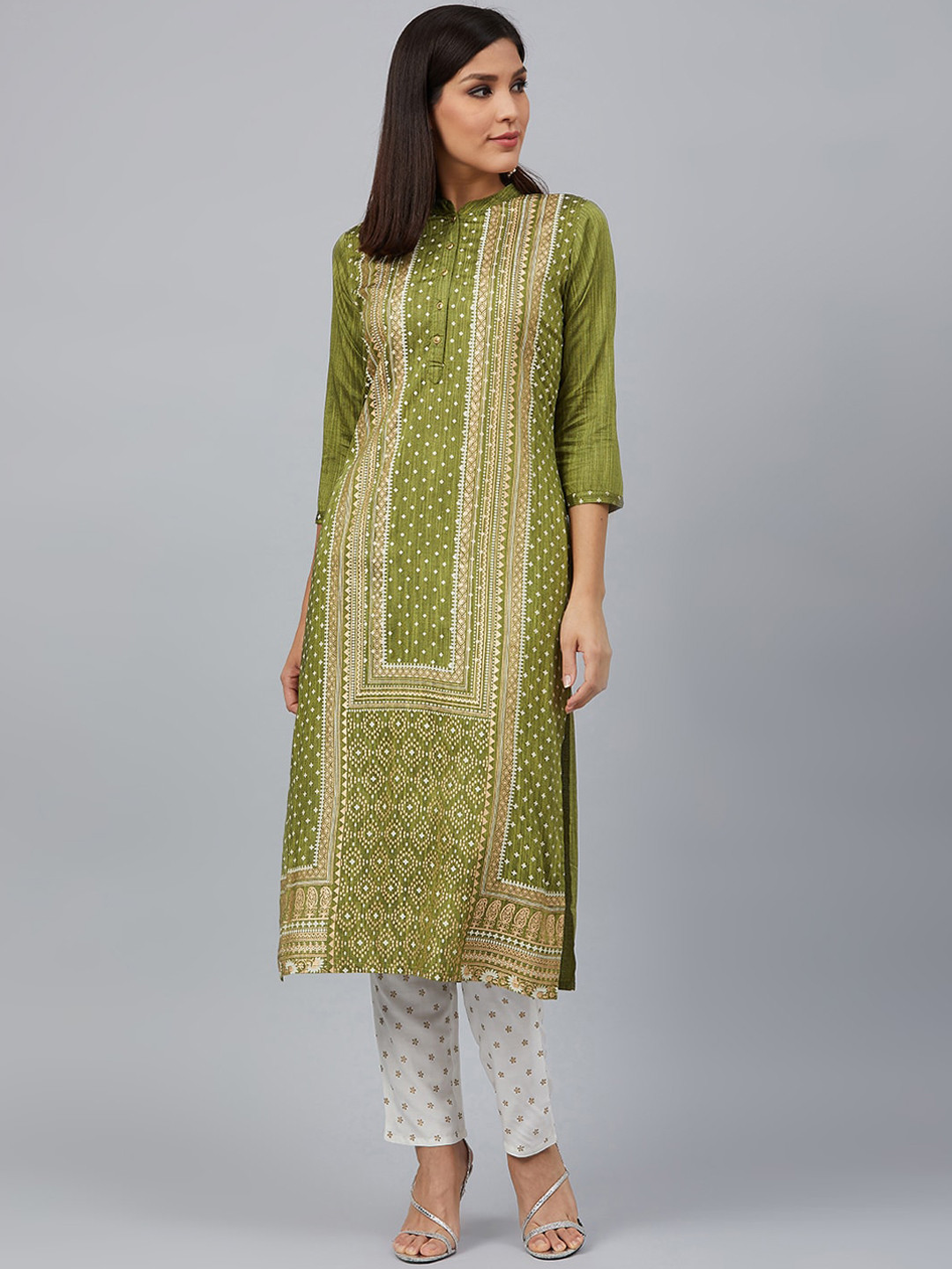 

Bani Women Olive Green Printed Liva Kurta with Trousers