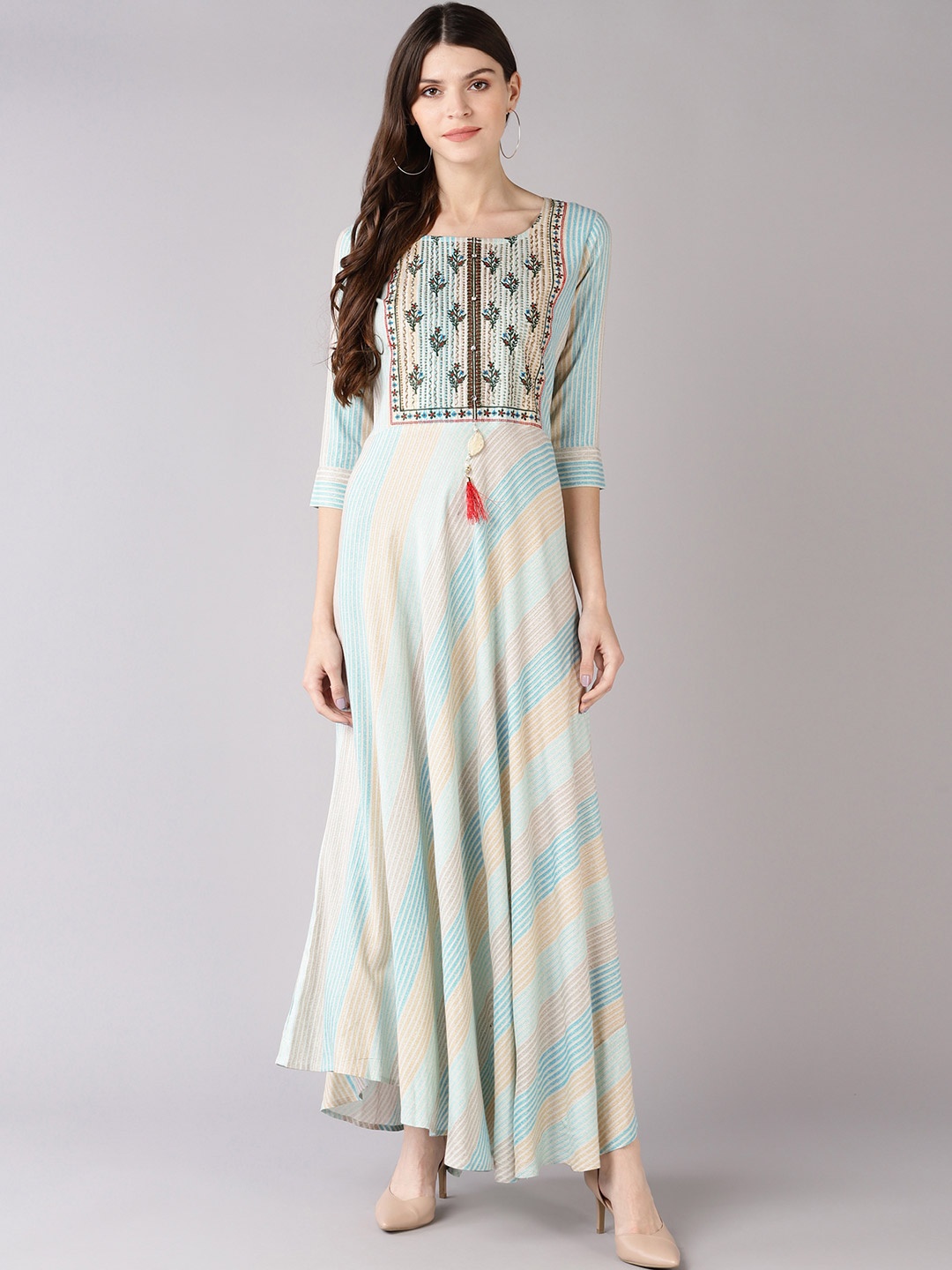 

Bani Women Sea Green & Beige Striped Embroidered Liva Maxi Dress
