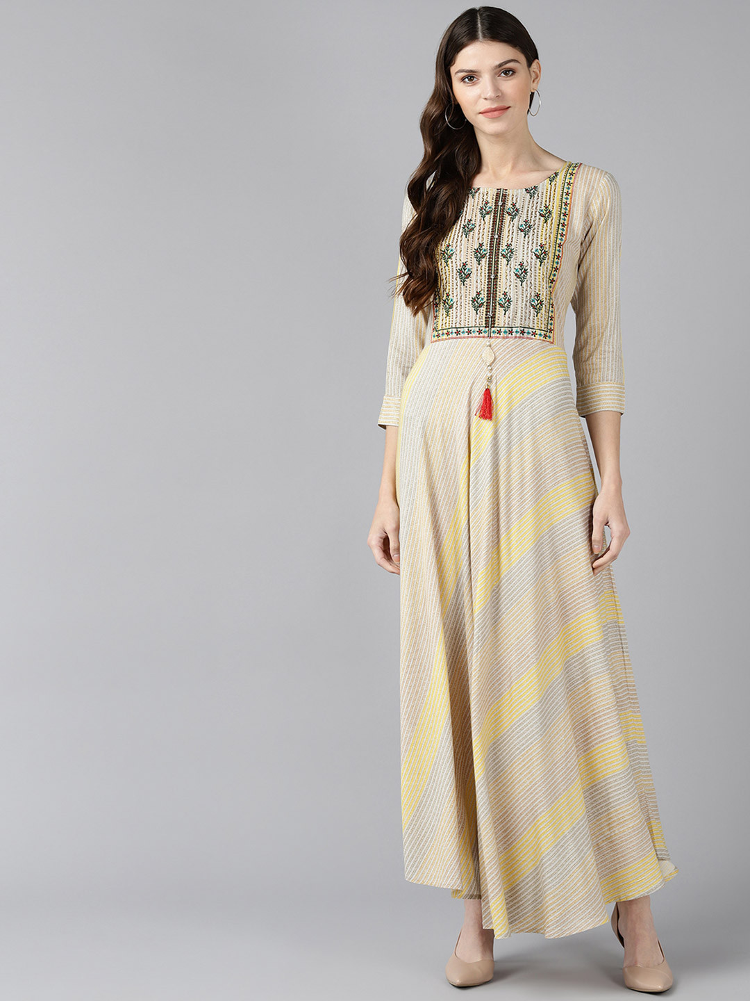 

Bani Women Mustard Yellow & Grey Ethnic Motifs Liva Ethnic Maxi Dress