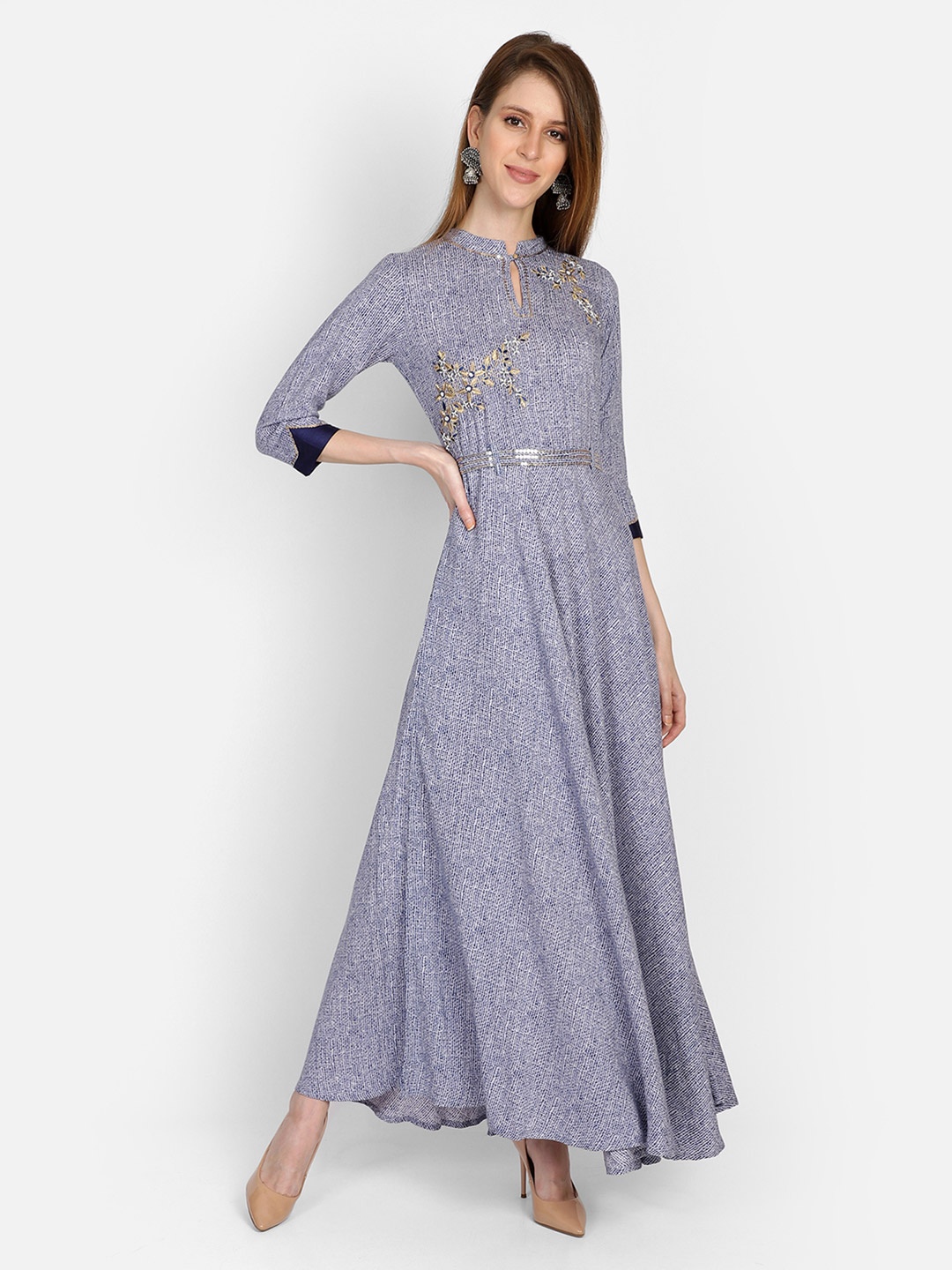 

Bani Women Blue Floral Keyhole Neck Liva Maxi Dress