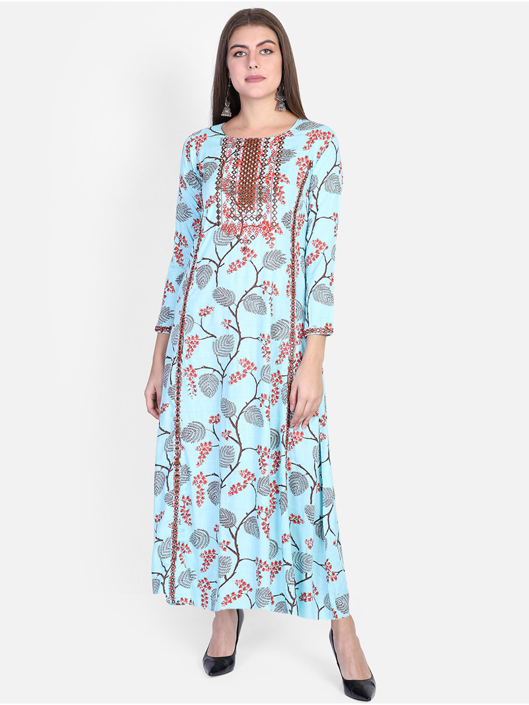 

Bani Women Blue Floral Embroidered Liva Ethnic Maxi Dress
