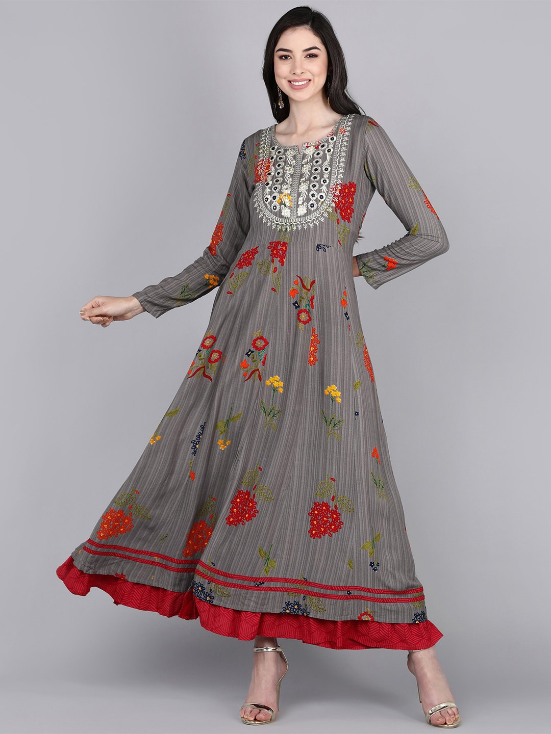 

Bani Women Grey & Red Floral Liva Ethnic Maxi Dress