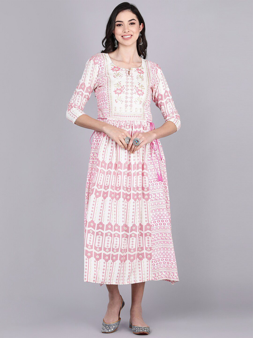 

Bani Women Pink Ethnic Motifs Liva Ethnic Fit and Flare Midi Dress