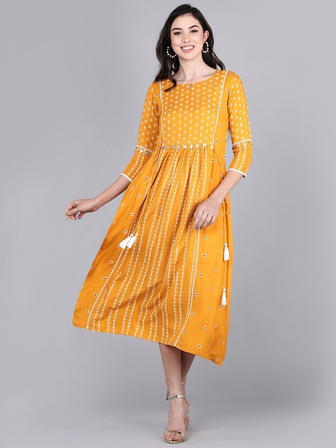 

Bani Women Yellow Ethnic Motifs Flared Dress