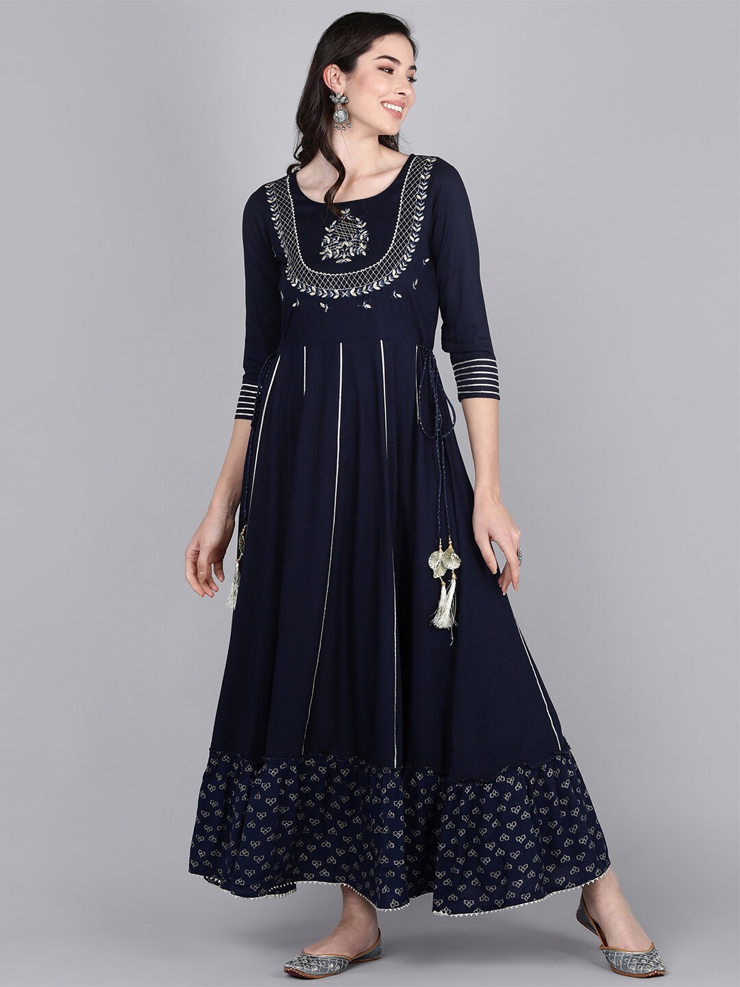 

Bani Women Navy Blue Ethnic Motifs Liva Ethnic Maxi Dress