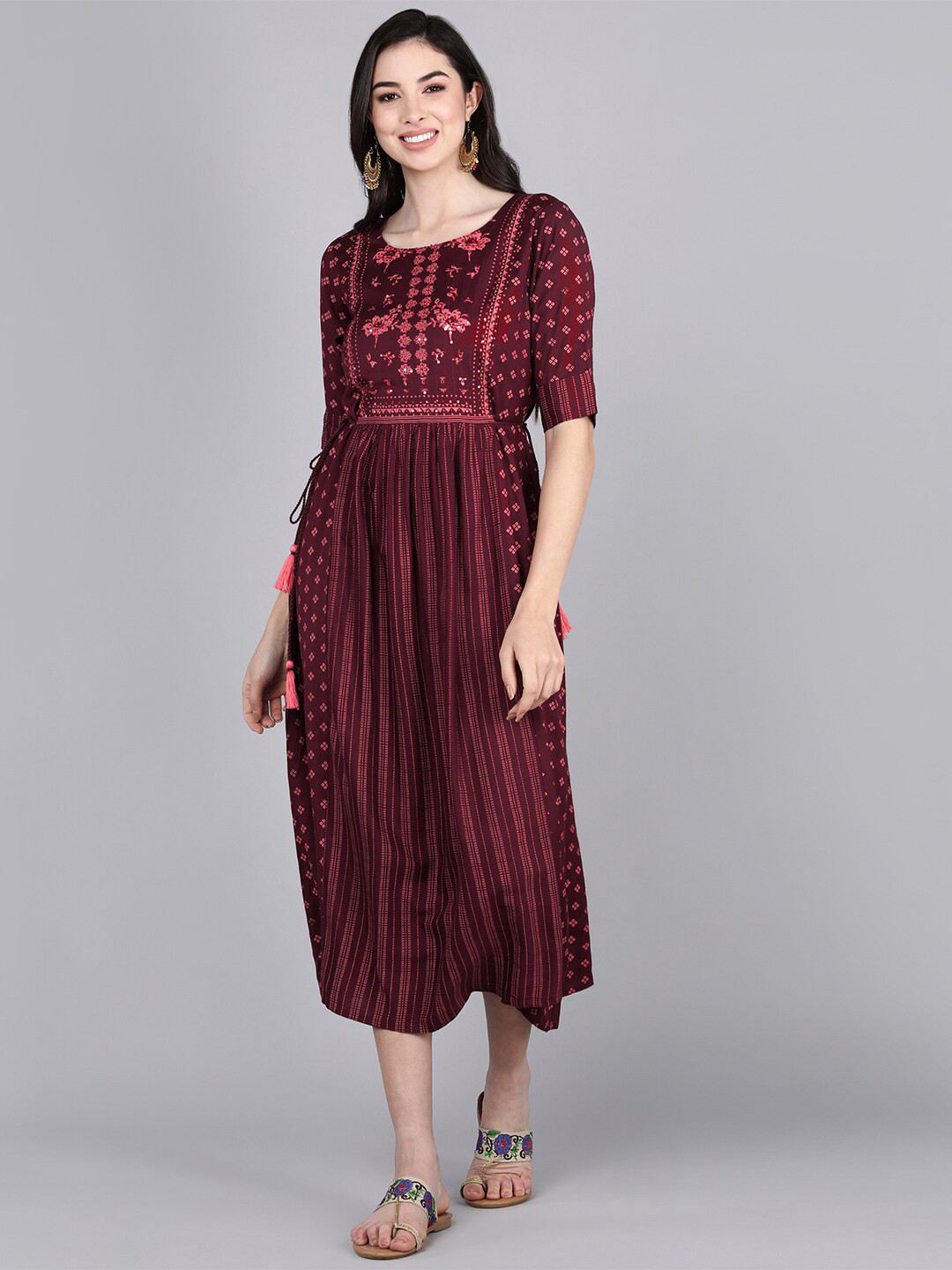 

Bani Women Maroon Ethnic Motifs Ethnic A-Line Midi Dress