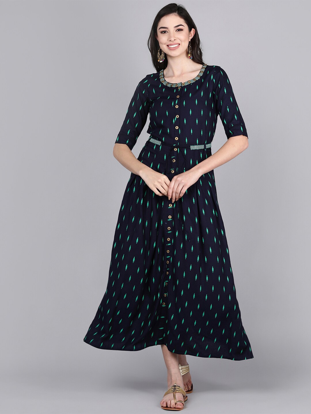 

Bani Women Navy Blue Ethnic Motifs Liva Ethnic Maxi Dress