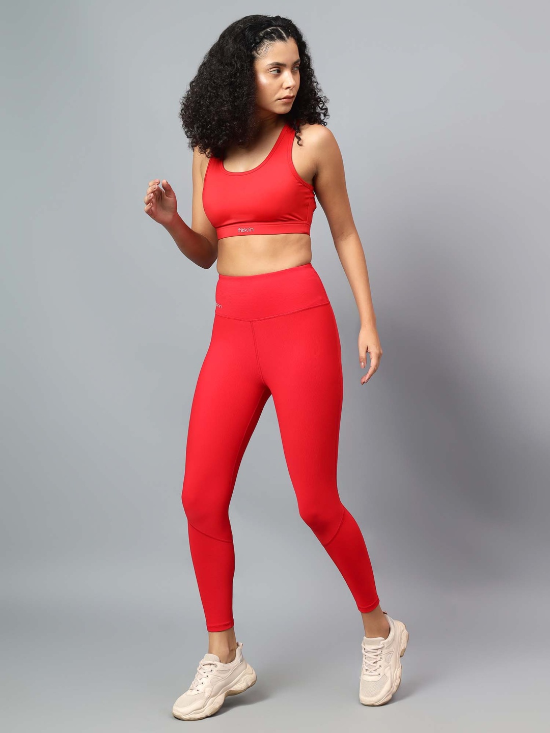 

Fitkin Women Red Ribbed High Rise Active Tights