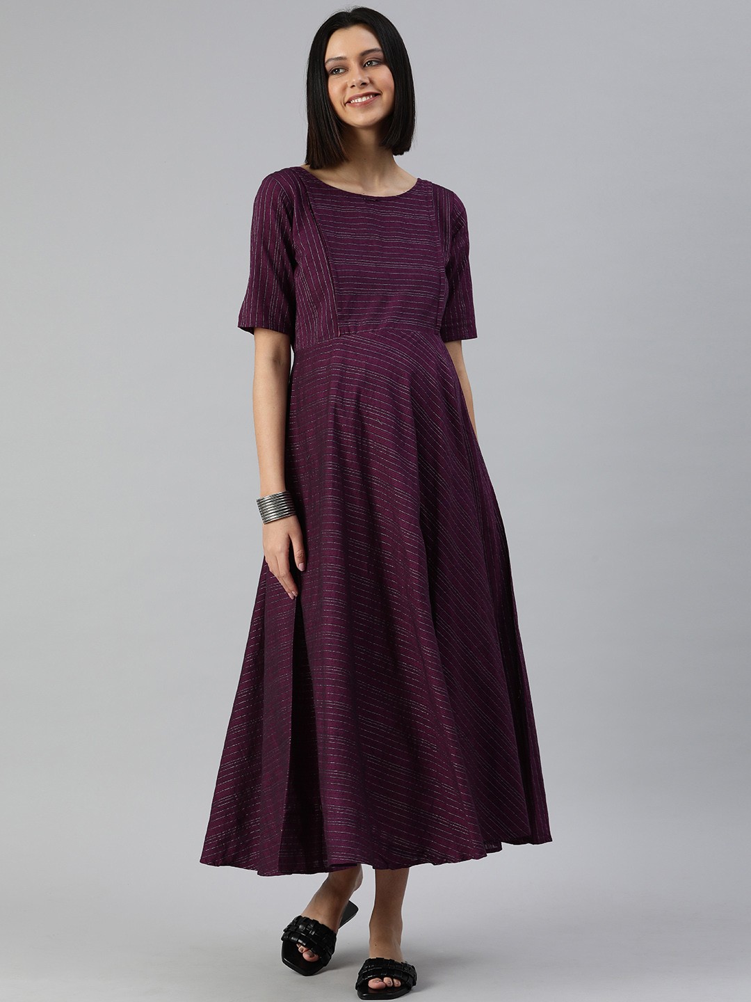 

Swishchick Burgundy Striped Maternity Maxi Dress