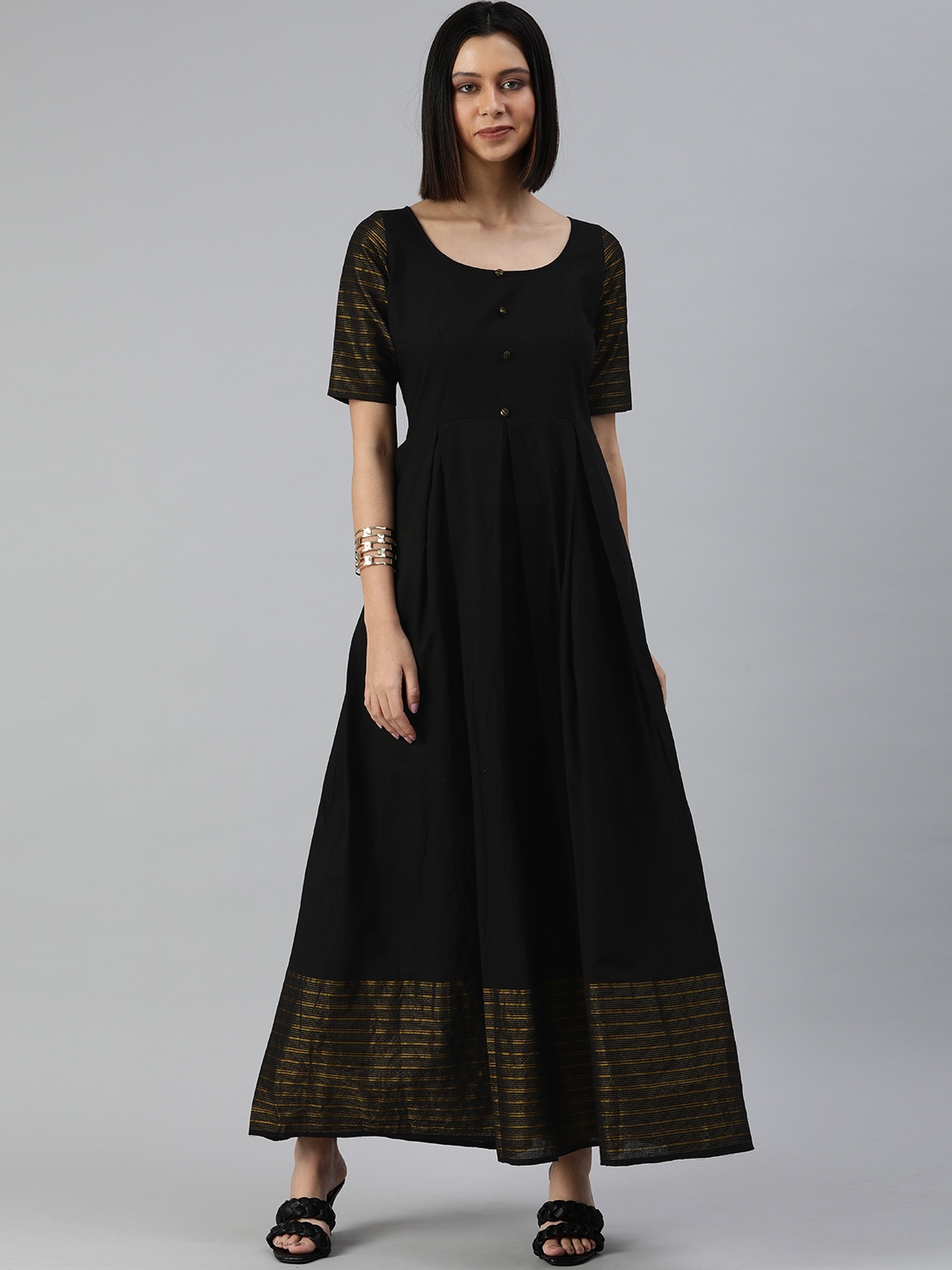 

Swishchick Black & Gold Striped Yoke Design Cotton Maxi Fit & Flare Dress