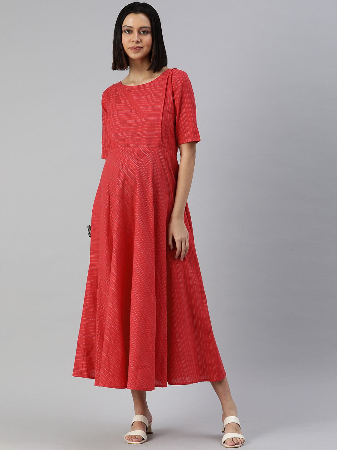 

Swishchick Red Striped Maternity Maxi Dress