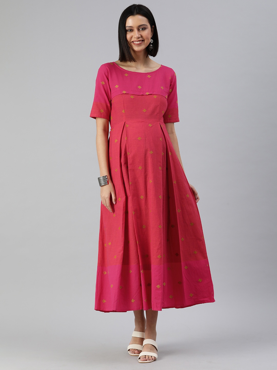 

Swishchick Pink & Mustard Yellow Pure Cotton Embroidered Maternity Maxi Dress