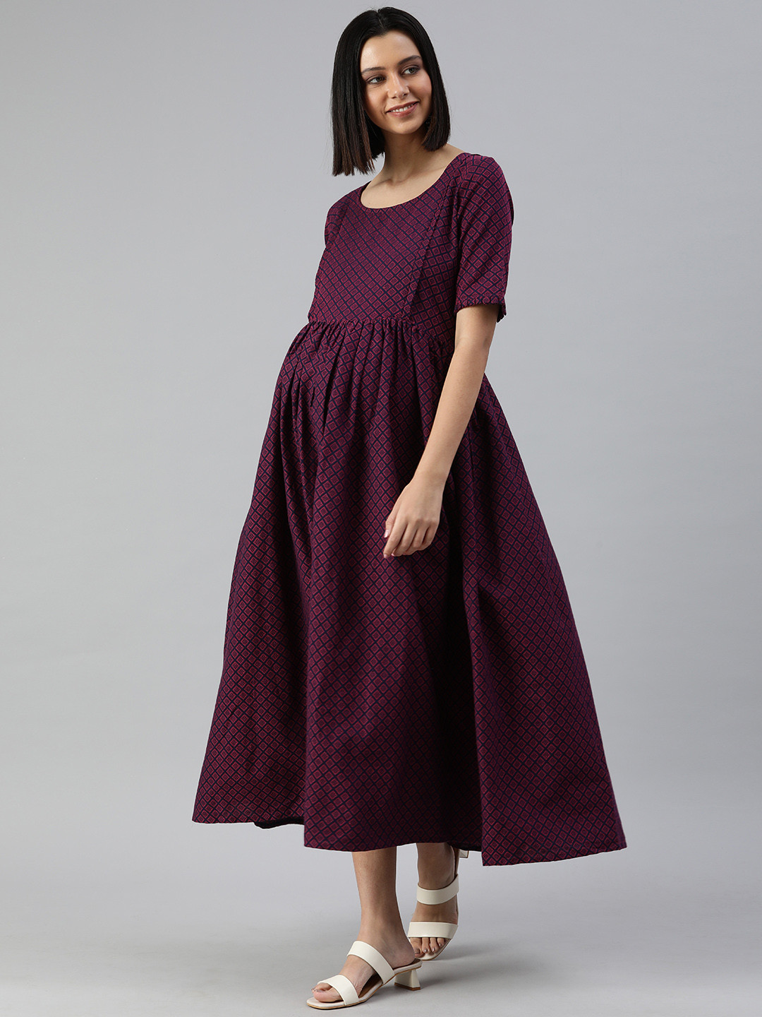 

Swishchick Women Maroon & Navy Blue Ethnic Motifs Embroidered Maternity Maxi Dress