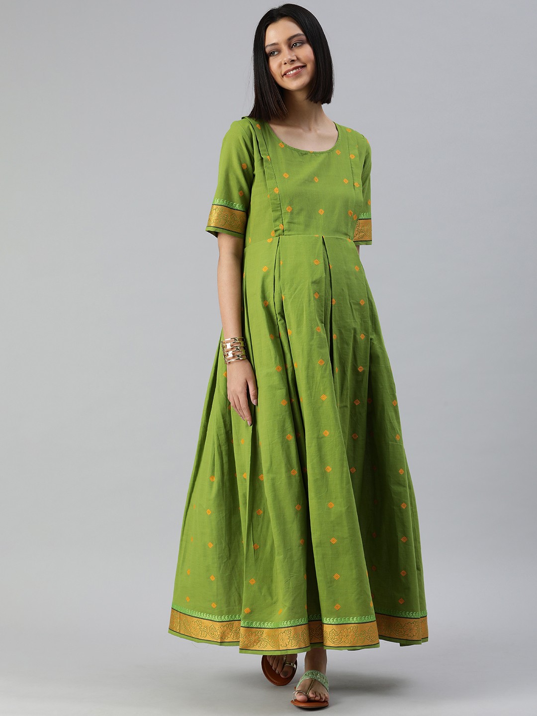 

Swishchick Green & Mustard Yellow Pure Cotton Embroidered Maternity Maxi Dress
