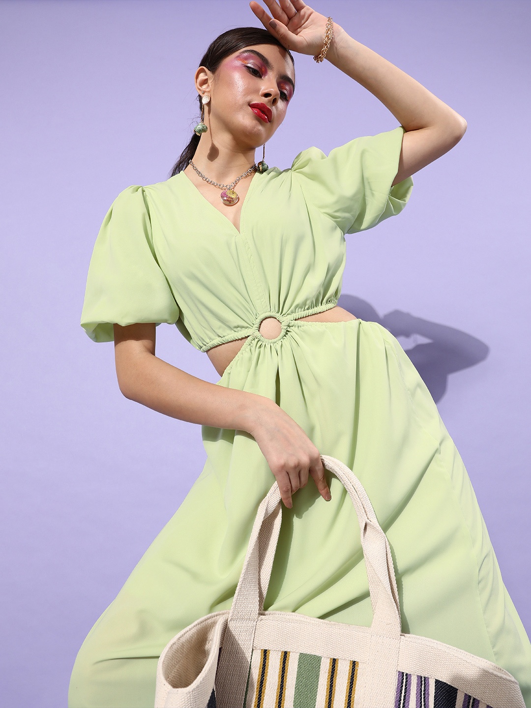 

Zastraa Women Deep Green Solid Cut Out Dress
