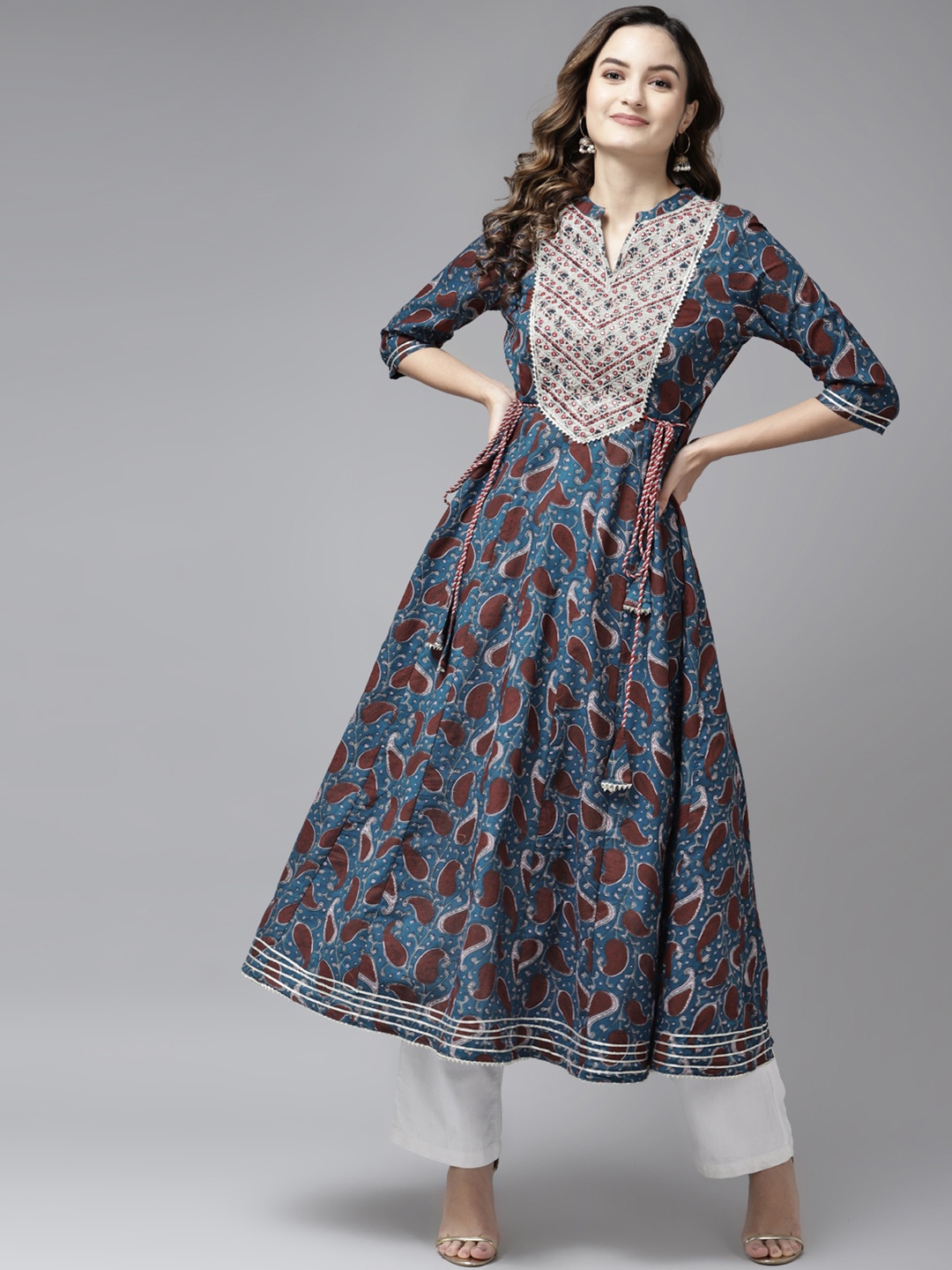

Yufta Women Teal Blue & Rust Red Ethnic Motifs Printed Pure Cotton Anarkali Kurta