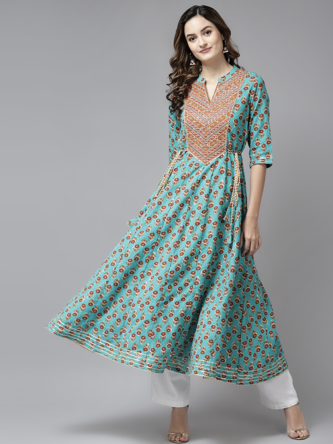 

Yufta Women Blue & Rust Red Ethnic Motifs Printed Pure Cotton Anarkali Kurta