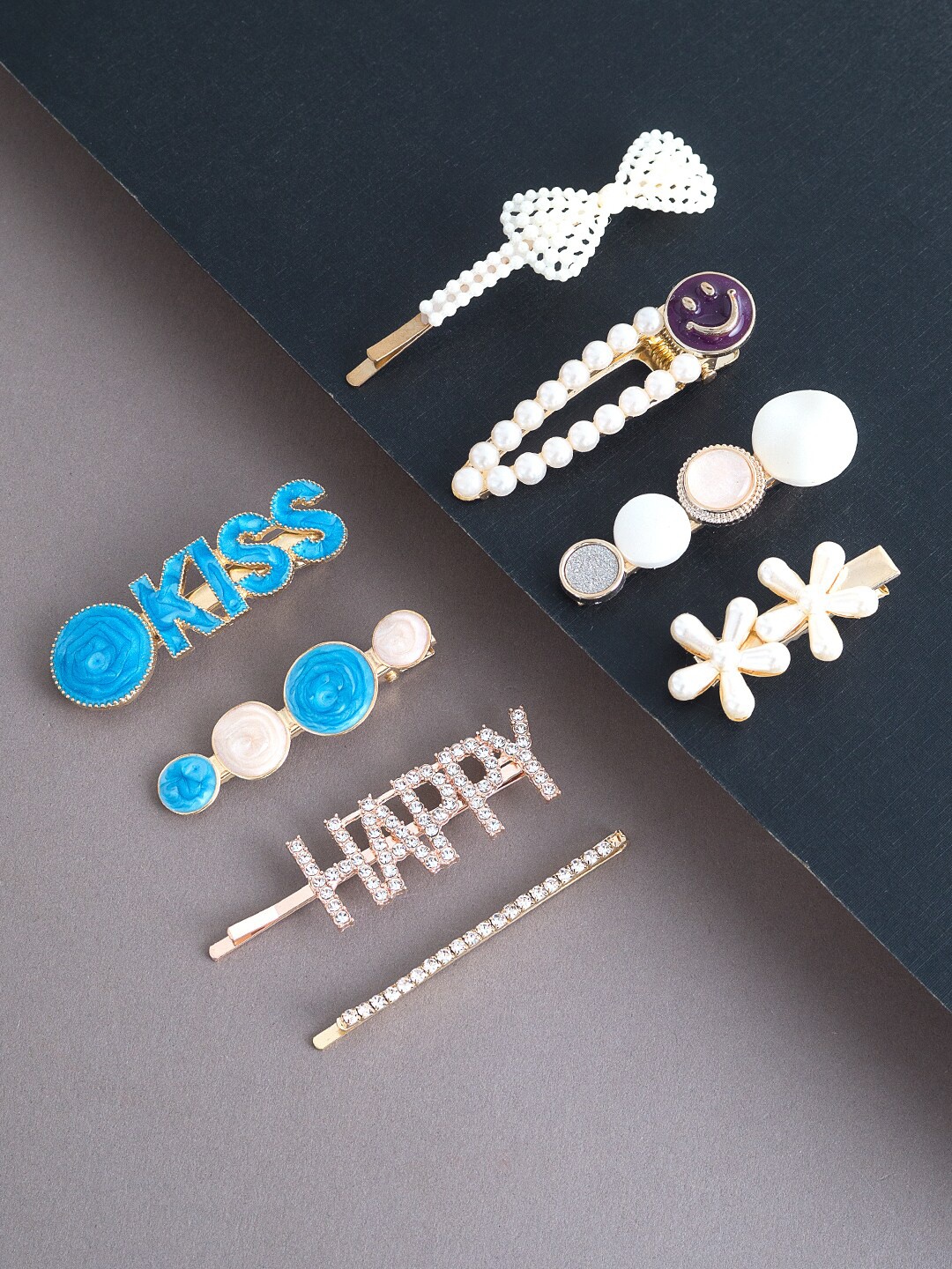 

Golden Peacock Women Set of 8 Blue & Gold-Toned Embellished Bobby Pins