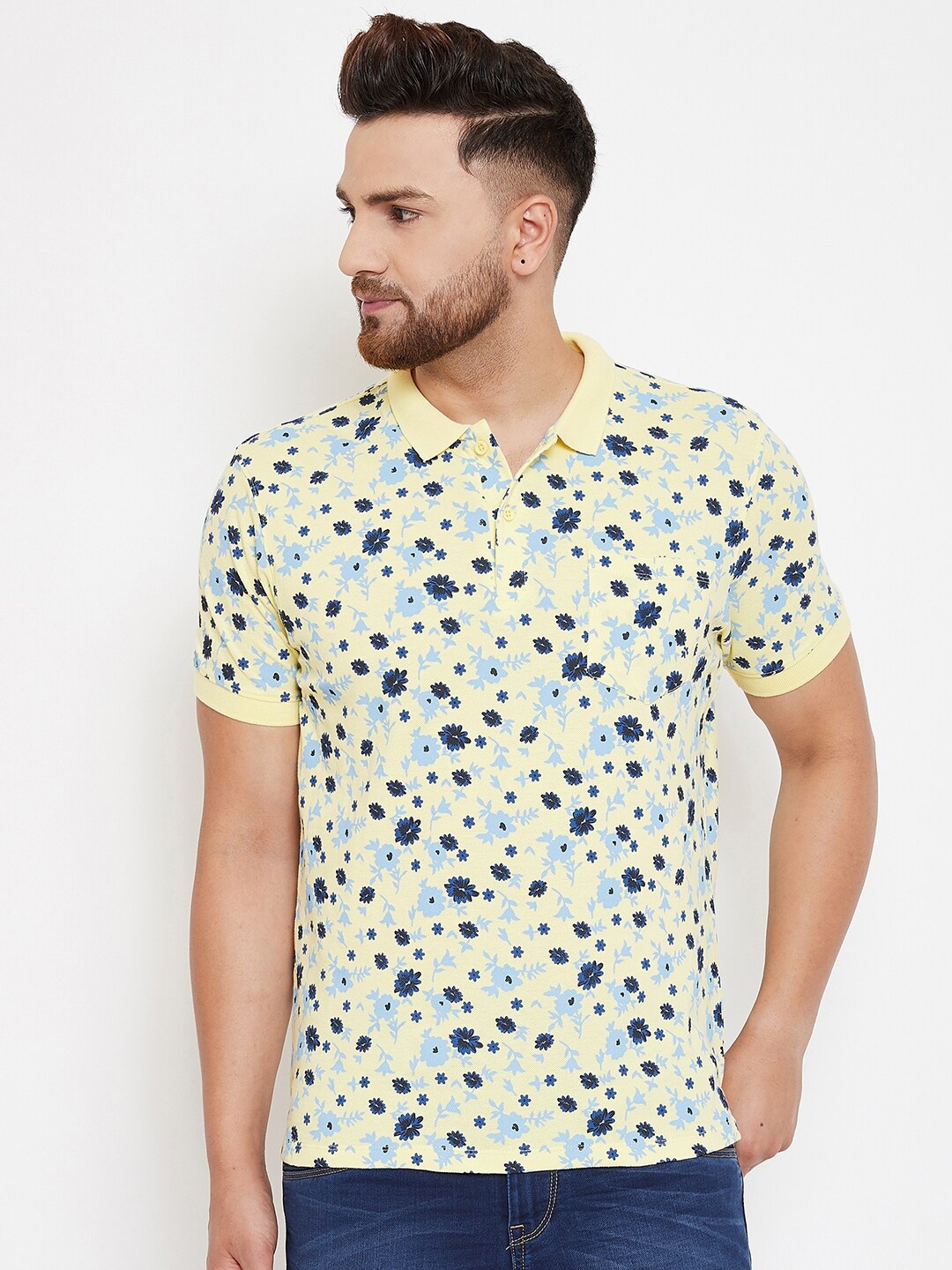 

Canary London Men Yellow Floral Printed Polo Collar Slim Fit Cotton T-shirt