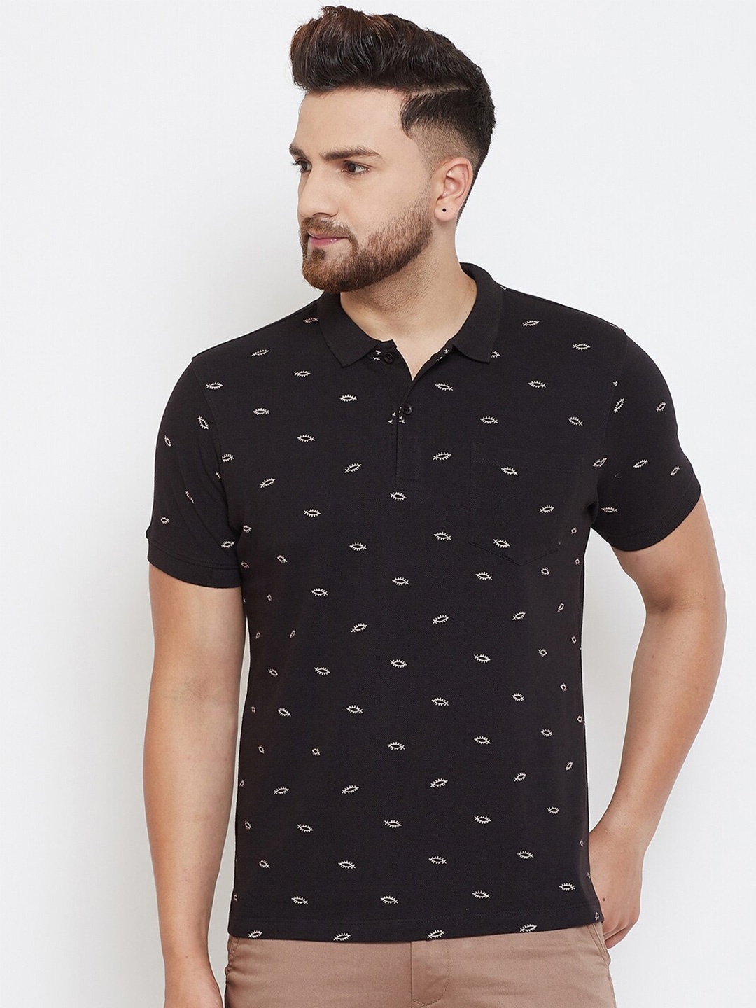 

Canary London Men Black Printed Polo Collar Cotton Slim Fit T-shirt