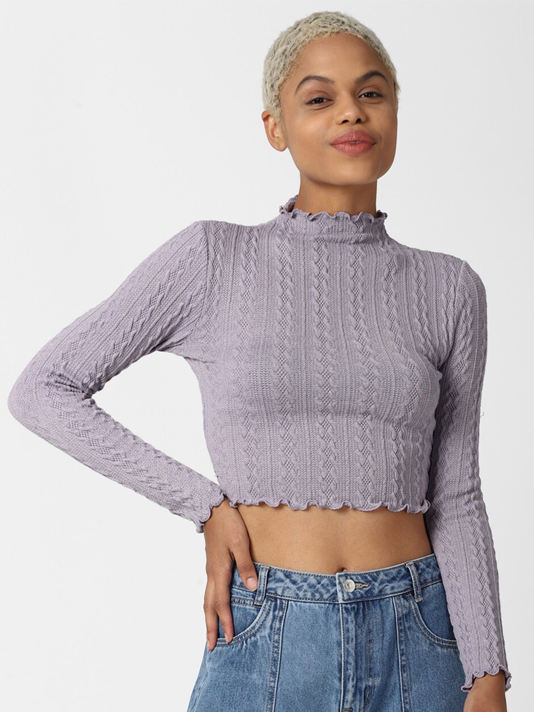 

FOREVER 21 Purple Self Design Fitted Crop Top