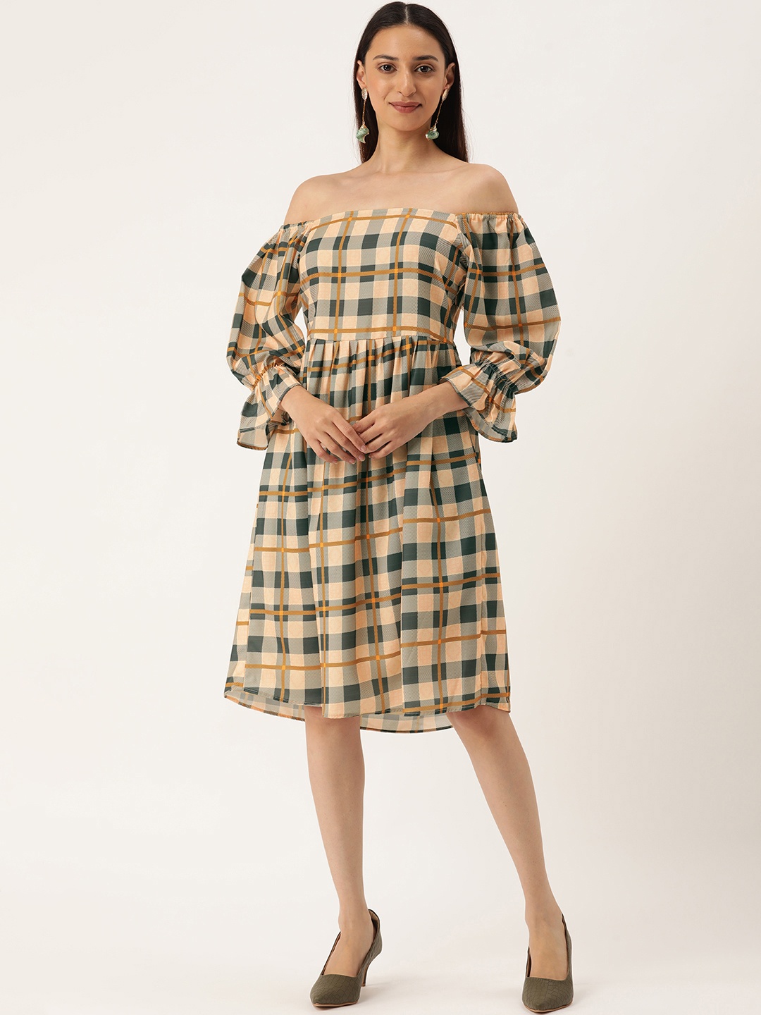 

MELOSO Women Cream-Coloured & Green Checked A-Line Dress