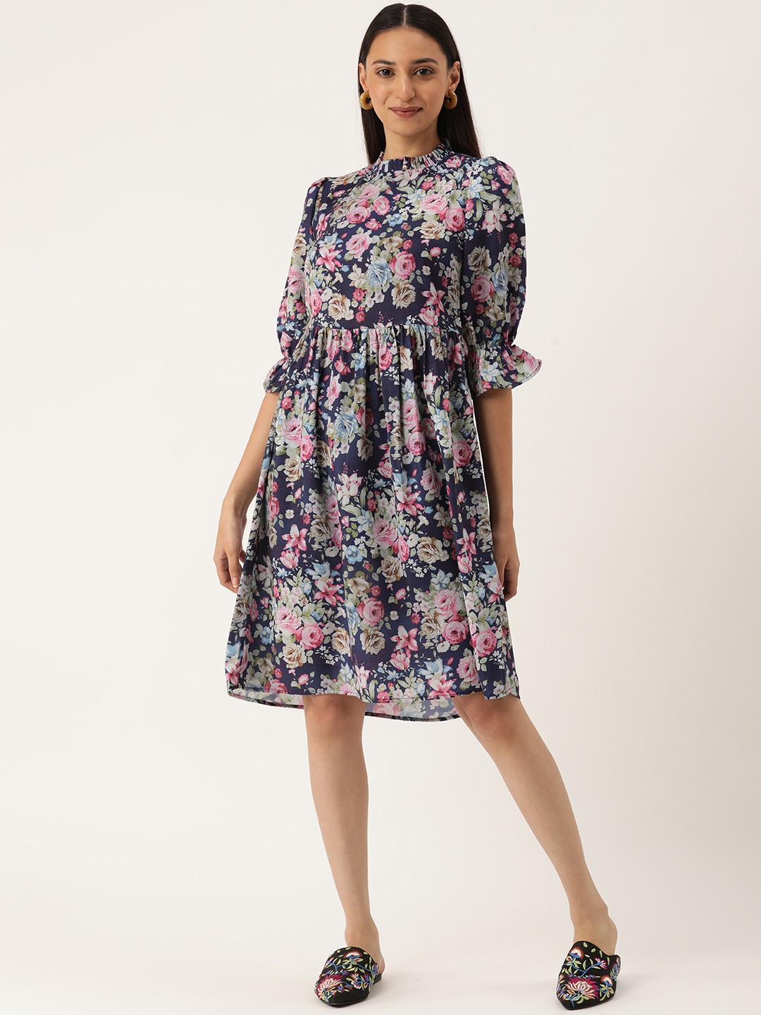 

MELOSO Women Navy Blue & Pink Floral Printed A-Line Dress