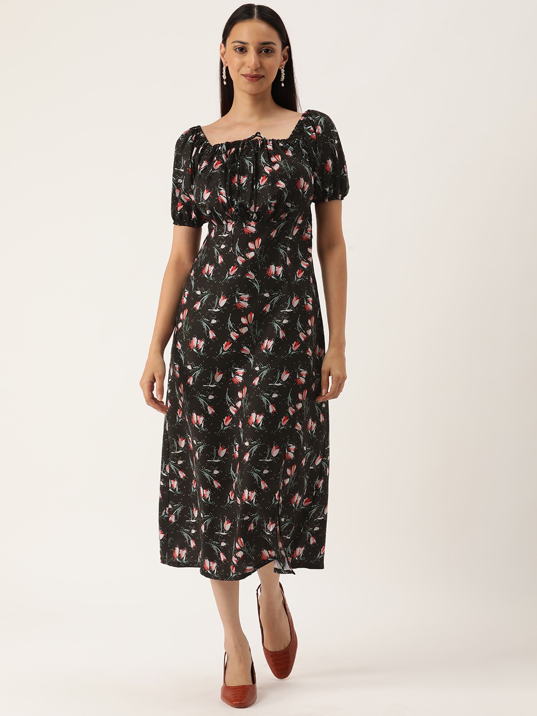 

MELOSO Women Black & White Floral Printed A-Line Maxi Dress