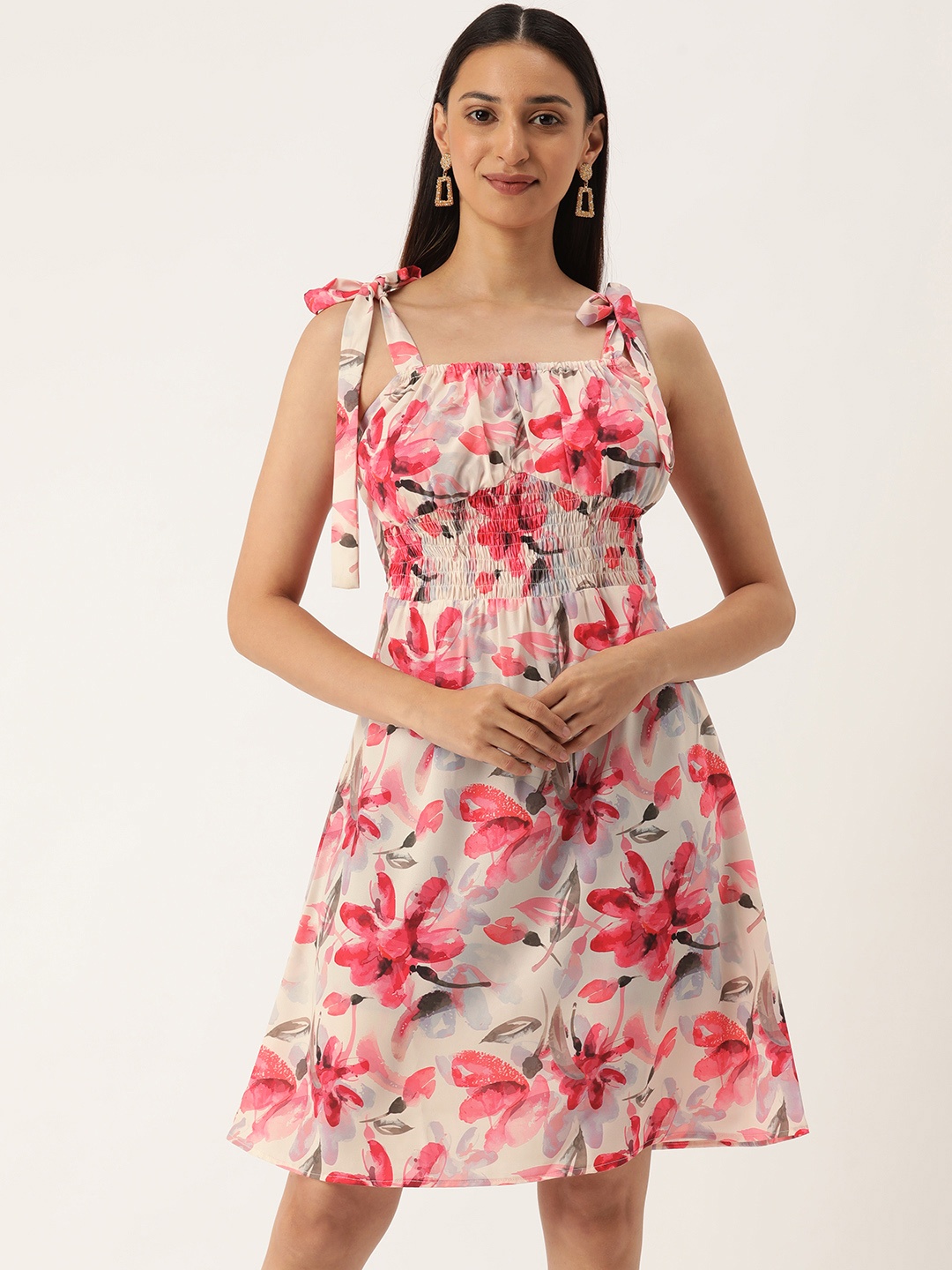

MELOSO Women White & Pink Floral Printed Smocked A-Line Dress