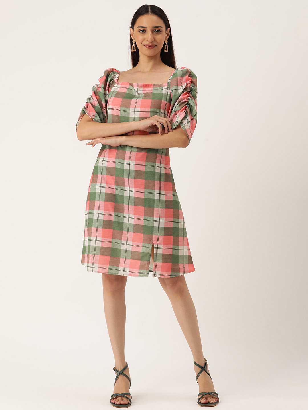 

MELOSO Women Pink & White Checked Ruched A-Line Dress